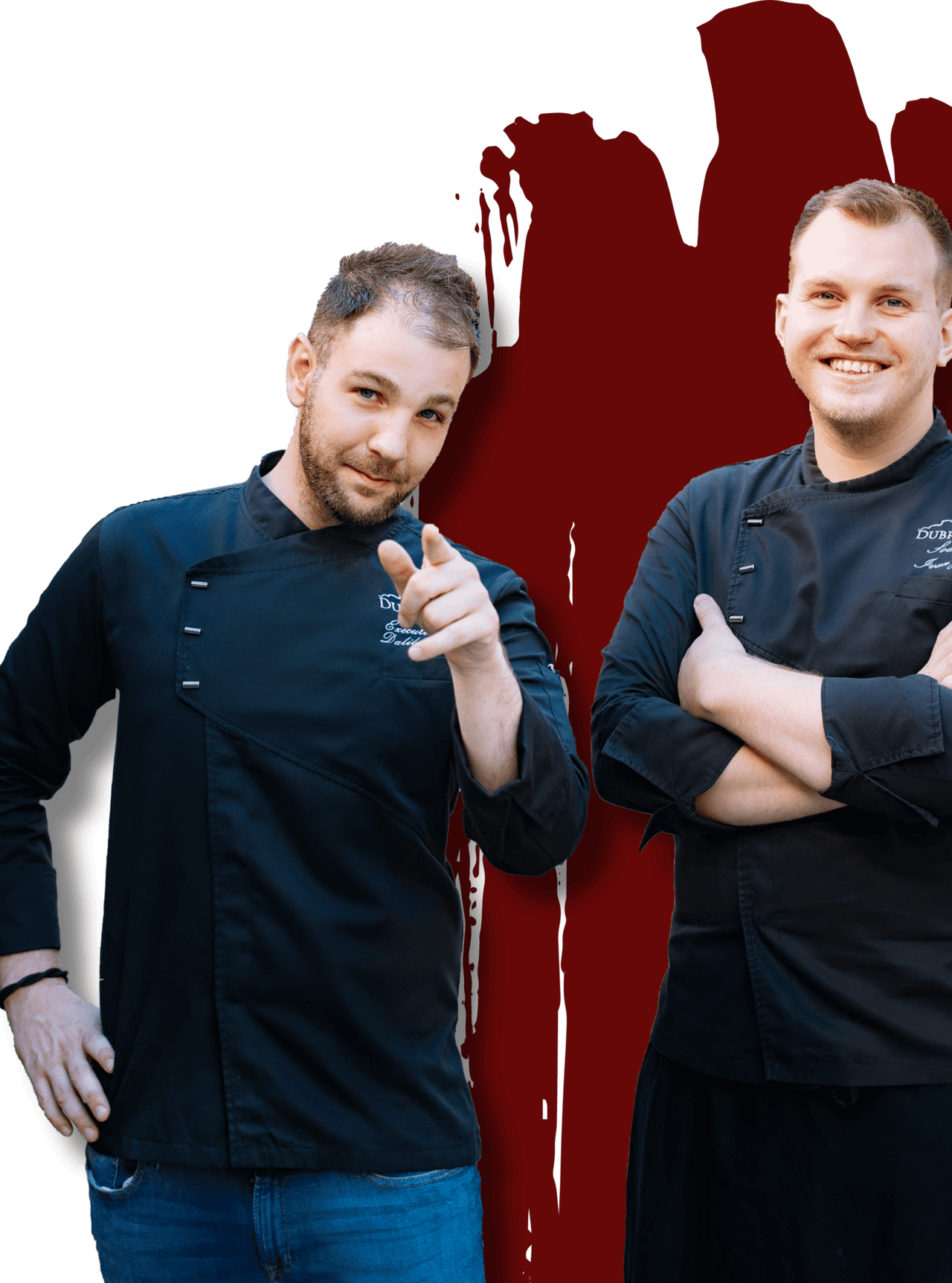 Together, both chef Dalibor Vidovic and Sous Chef Ivan, posing and smiling in Restaurant Dubrovnik - Restoran Dubrovnik