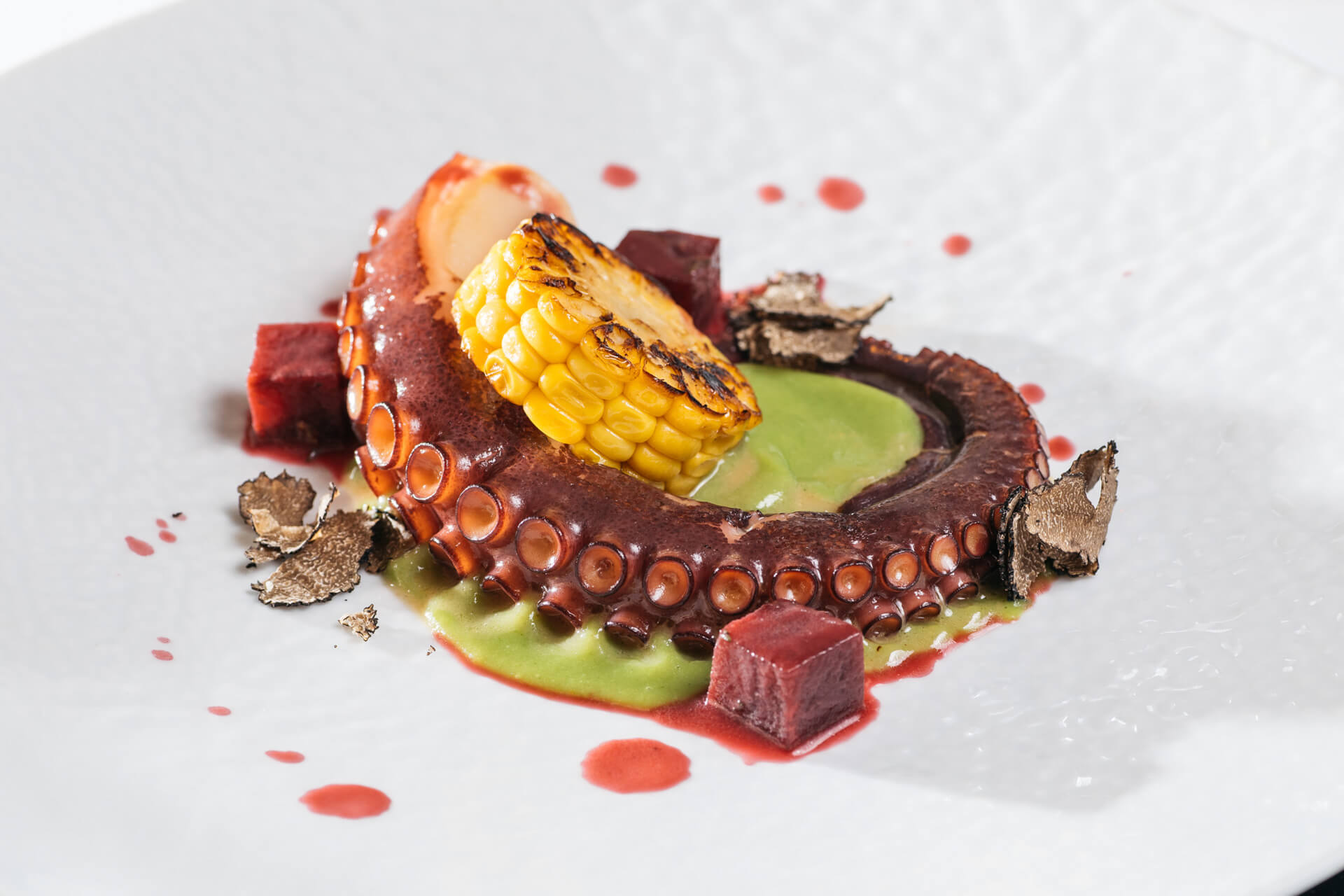Restaurant Dubrovnik Food - one of main dishes, octopus with corn and truffles and sauce